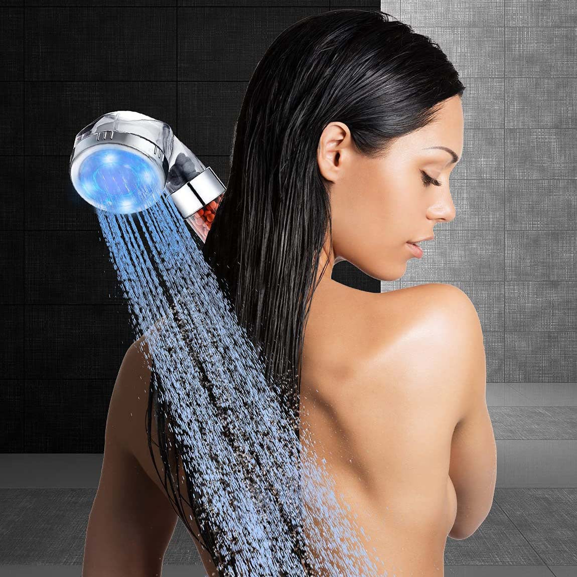 Close-up of the Smoovea shower head's spray plate and LED ring in each of its three colors