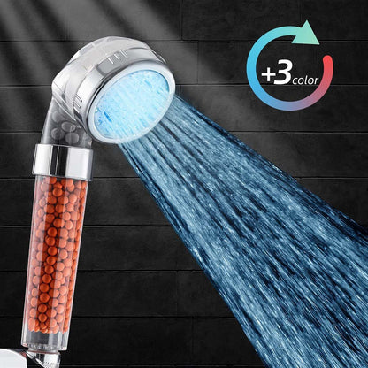 Smoovea LED shower head spraying water with the LED ring lit blue