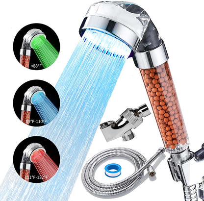 Smoovea LED shower head with mineral-bead chamber, showing the three LED indicator colors, adjustable wall bracket, hose, and thread-sealing tape